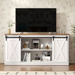 Farmhouse TV Stand for 65 Inch TV, Media Console, Milk White
TV table with Storage Cabinets, Adjustable Shelves, Entertainment Center for Living Room,