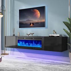 oneinmil 80" Floating TV Stand with 40" Electric Fireplace, Modern Entertainment Center with Storage, Adjustable 12-Color LED Lights, Fire Place TV Co