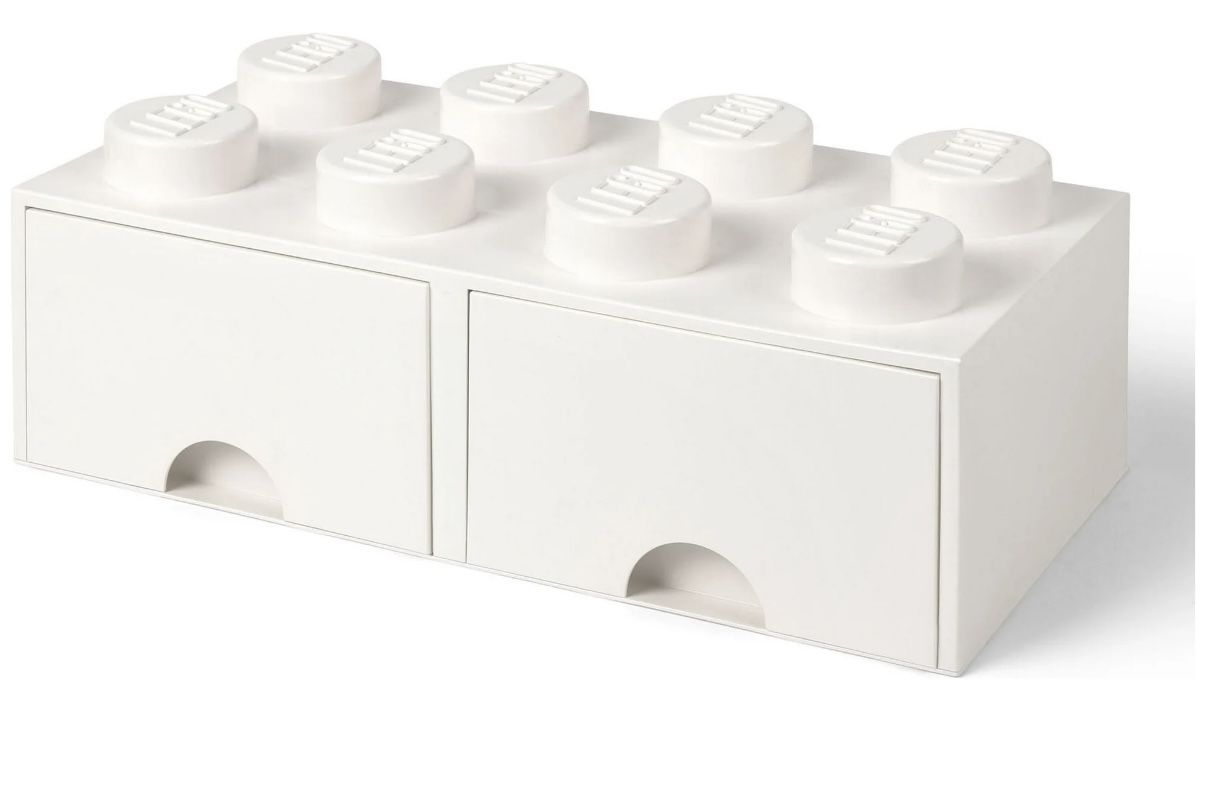 LEGO Brick Drawer, 8 Knobs, 2 Drawers, Stackable Storage Box White