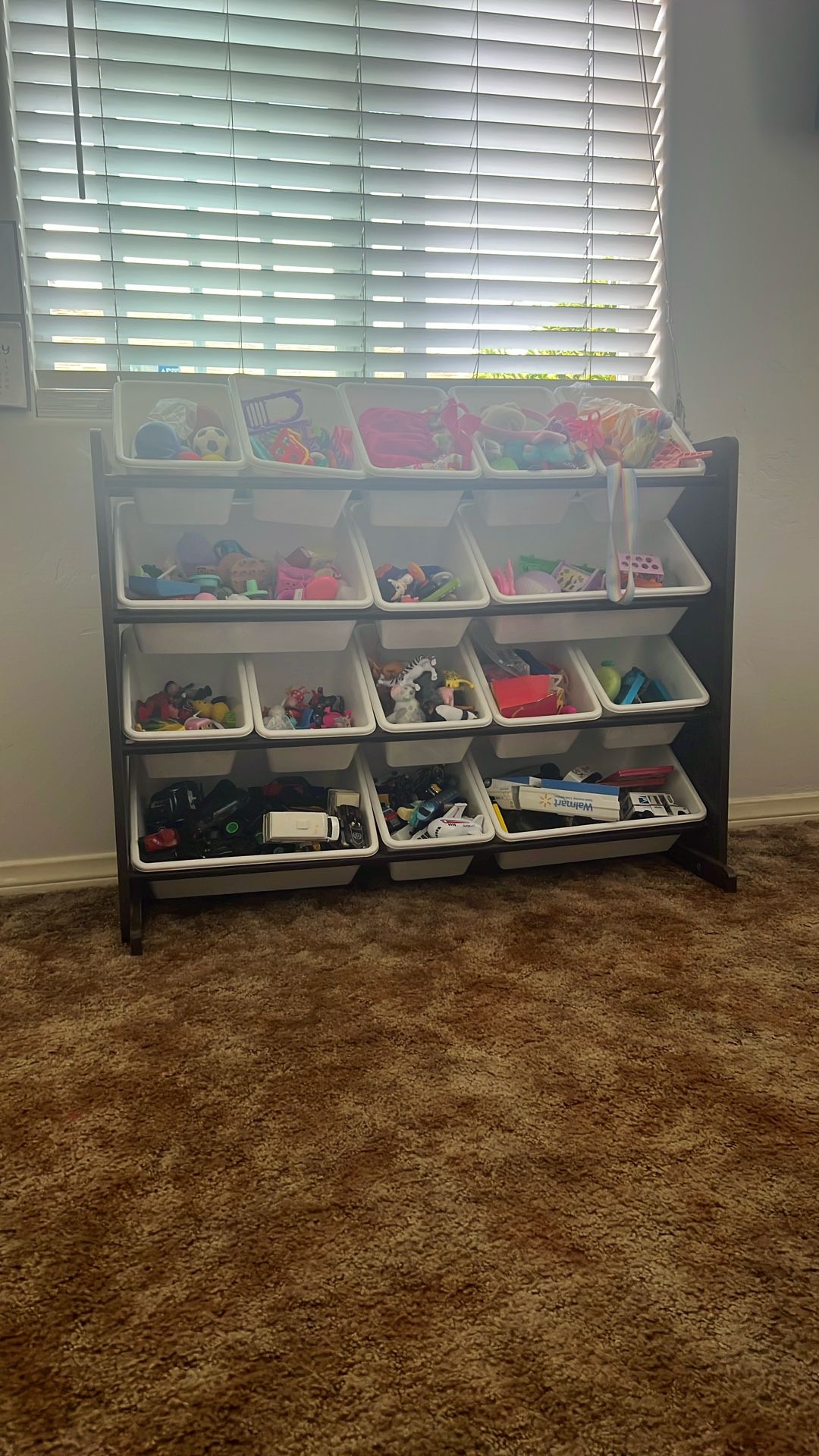 Toy storage organizer with 16 removable bins, Espresso/White