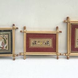 Set Of 3 Hand Painted Pattachitra Palm Leaf Painting Art In Rustic Bamboo Frames