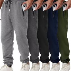 Mens Sweatpants with Zipper Pockets 5 Pack Athletic Joggers for Men Warm Slim Fit Track Workout Running Sweat Pants 