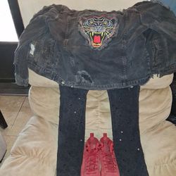 Black Denim Outfit With Embroidery 