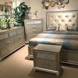 Champagne Led Upholstered Bedroom Set Queen or King Bed Dresser Nightstand Mirror Chest Options Lila