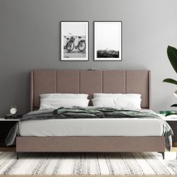 Upholstered Wingback Bed Frame with USB, King, Taupe Linen