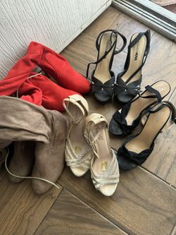 3 Pairs Of Heels ,2 Pairs Of Knee/ Thigh - Boots Size 6-6.5W, Like New 