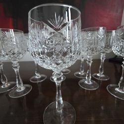 Set of ten vintage French Cristal d'Arques Longchamp cut crystal wine glasses.
