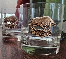 Vintage zodiac-themed highball tumblers, in the style of Culver, Taurus Bull