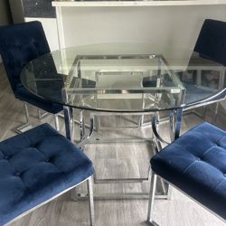Modern Glass Dining Table w/ 4 Blue Velvet Chrome Chairs – $200