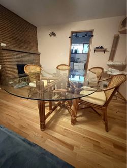 Vintage Real Rattan Dining Table w/ Glass Top – Boho Coastal Style