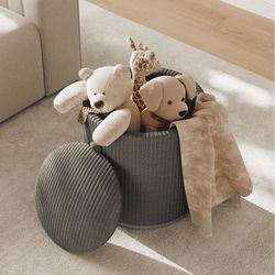 Round Storage Ottoman Foot Rest - Corduroy Upholstered Footrest/Makeup Stool for Living Room & Bedroom