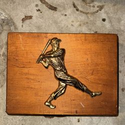 Vintage Wooden Baseball Player Relief Trinket Box with Compartmented Interior