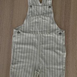 Zara Kids Striped Denim Short Overalls Size 4-5 Years Ecru/Green Girls Boys