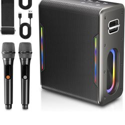 Karaoke Machine with Two Wireless Microphones, Powerful Portable Bluetooth Speaker for Adults & Kids, PA System with 2 Voice Mode, LED Lights, Support