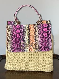 Custom handmade crochet handbag with faux snakeskin top flap and handle - from designer in Greece - cream base and bright pink, orange, yellow and bla