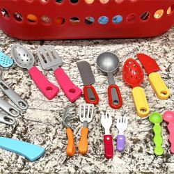 Assorted Children’s Play Utensils, Kitchen Tools, Silverware, Etc.