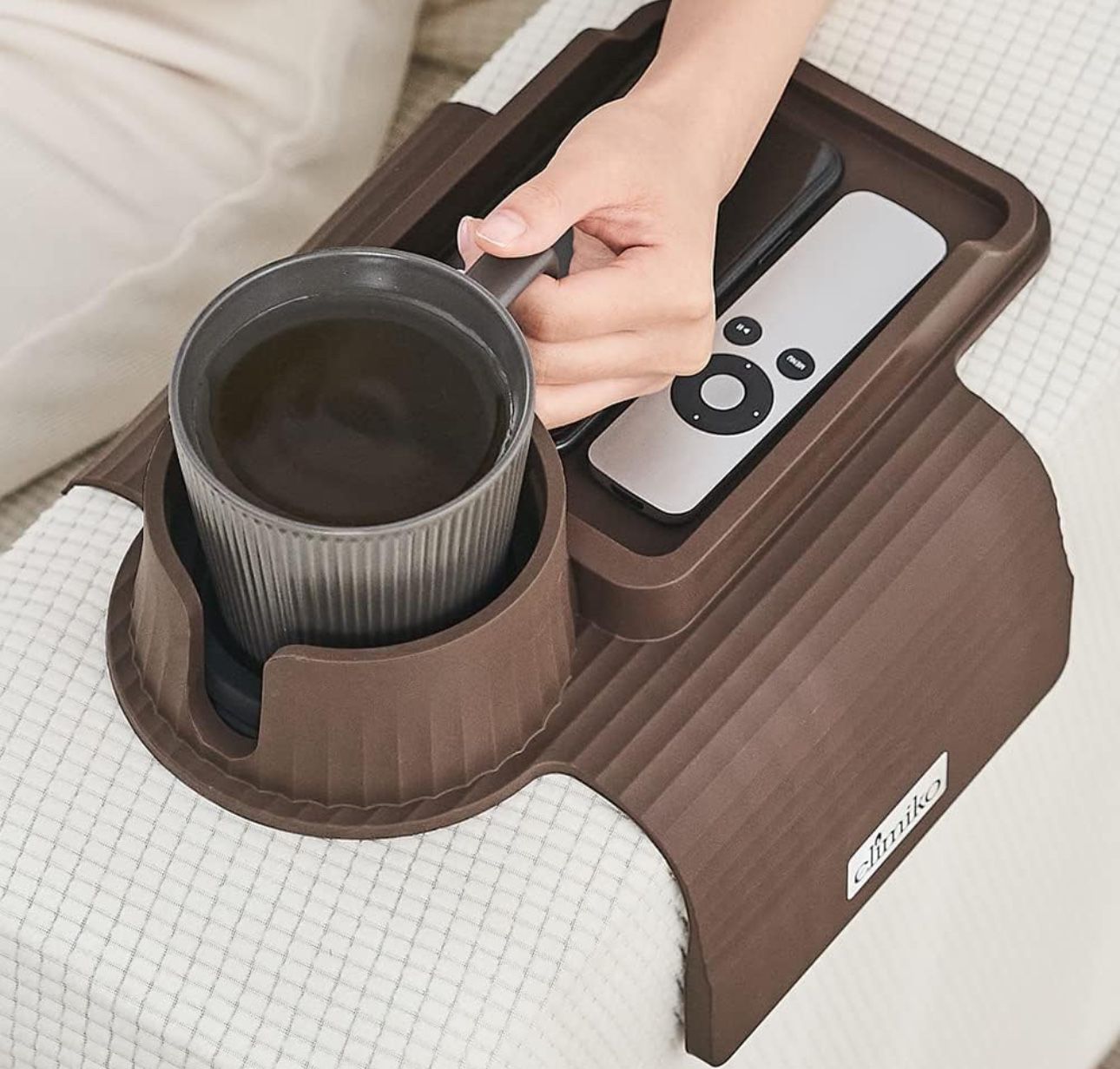 Couch Cup Holder Tray, Elimiko Silicone Sofa Drink Holder with Large Cup Holder and Tray, for Oversized Mugs/Long Remote/Snacks/Cellphone, Gifts for M