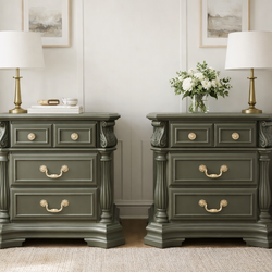 Pair of Moody Olive & Gold Ornate Nightstands - Solid Wood
