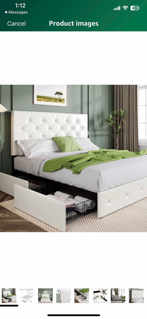 Queen Size Platform Bed Frame with 4 Storage Drawers and Headboard, Diamond Stitched Button Tufted, Mattress Foundation with Wooden Slats Support, No