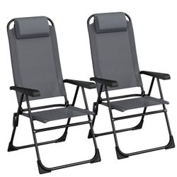 Folding Patio Chairs Set Of 2, Outdoor Lawn Chair, 5 Level Adjustable Teslin Back, Removable Headrest, Ergonomic Armrest, Foot Pad, All Weather For Ca