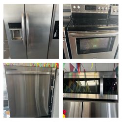 FRIGIDAIRE KITCHEN PACKAGE 4 PIECES STAINLESS STEEL REFRIGERATOR STOVE DISHWASHER AND MICROWAVE LIKE NEW WORKING PERFECT WITH WARRANTY DELIVERY