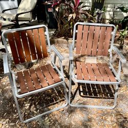 Vintage Aluminum & Wood Slated Outdoor Folding Chairs. Set of 2