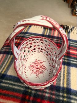 Vintage Hand Painted Red White Ceramic Lattice Basket Portugal w/ Handle