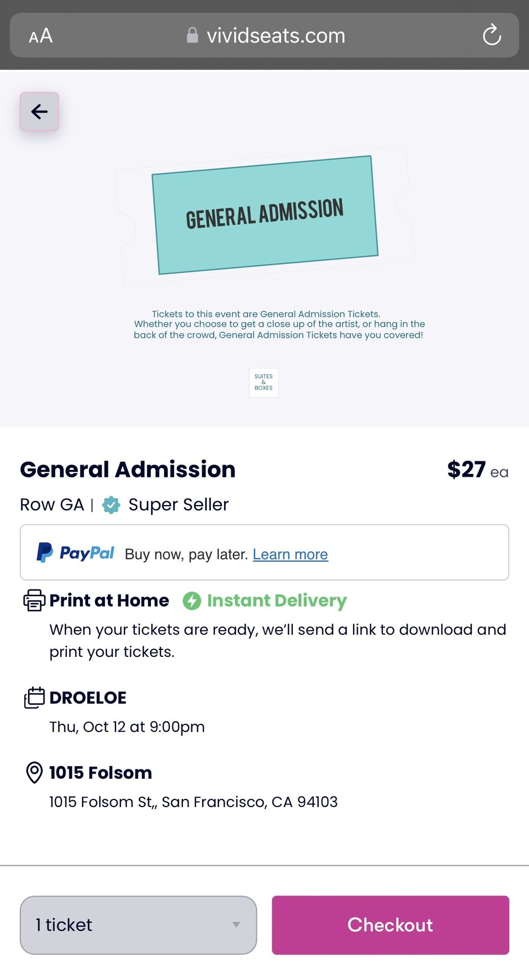 Droeloe Concert EDM Show Tix (2) For Oct 12th 1015 Folsom