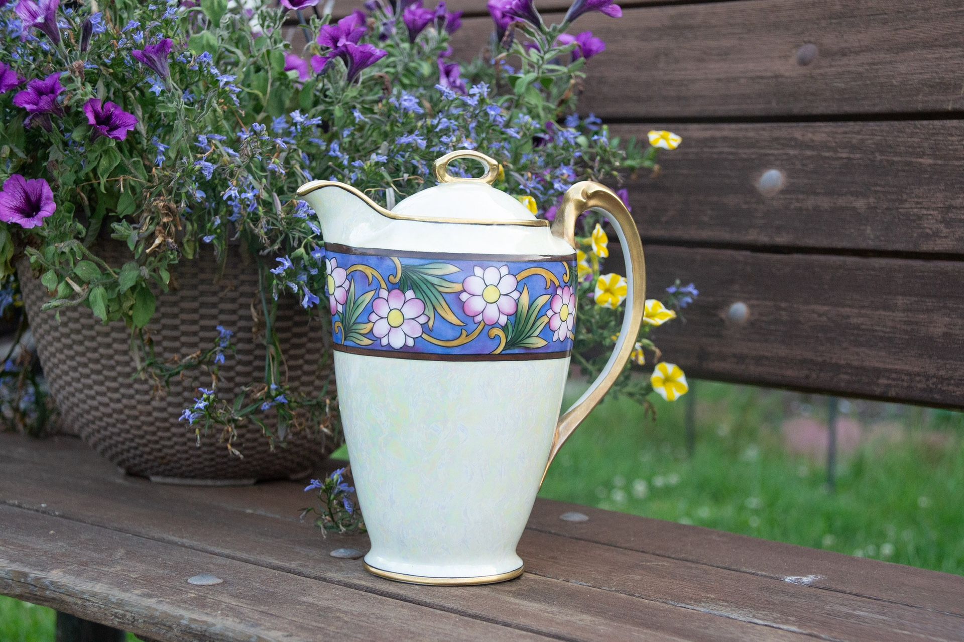 Noritake Chocolate Pot Lusterware | Early 1920's Vintage Chocolatière | Rare Blue Band Floral Pattern