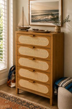 5-Drawer Wood and Cane Dresser