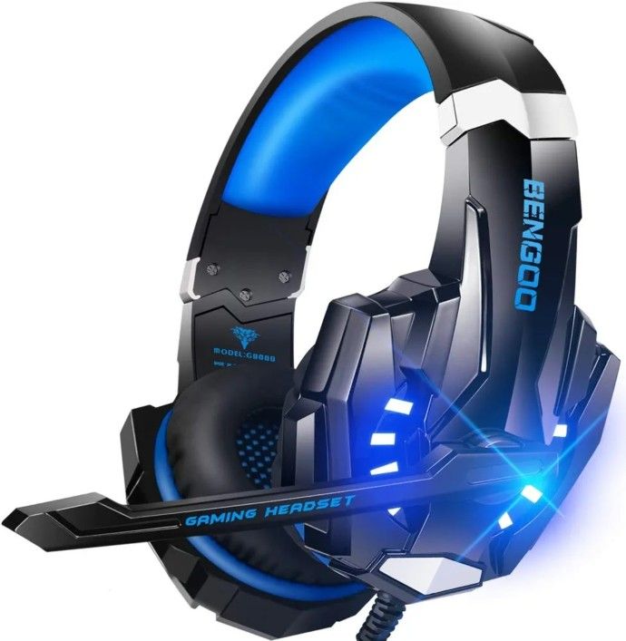 Over Ear Headphones 7.1 Surround Sound, Noise Cancelling, with Mic, LED Light, Soft Memory Earmuffs, for PS4 PC Xbox One PS5 Controller,