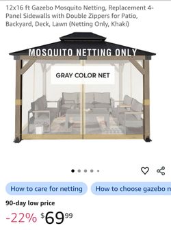 12x16 ft Gazebo Mosquito Netting, Replacement 4-Panel Sidewalls with Double Zippers