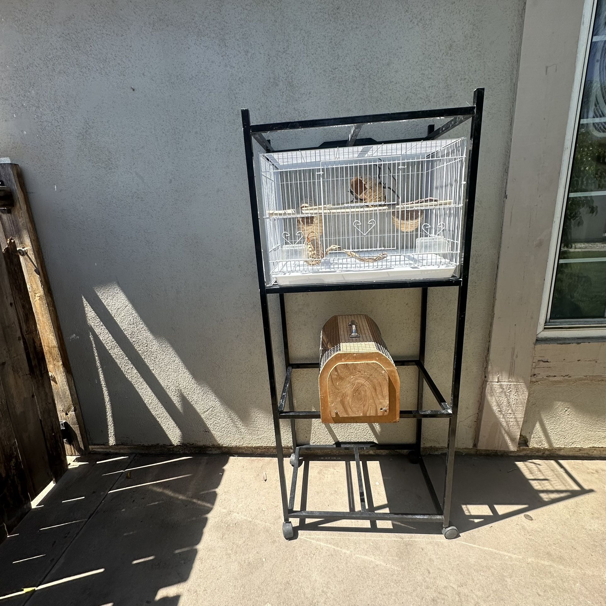 Metal Bird cage stand with cage, wooden bird transport carrier