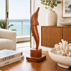 Vintage Mid Century Modern Carved Dolphin Sea Wood Dolphin Sculpture on Pedestal  Minimalist Ocean Centerpiece Table Decor Vintage – 18” Coastal Decor