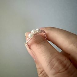 Silver wire crochet Pearl Ring