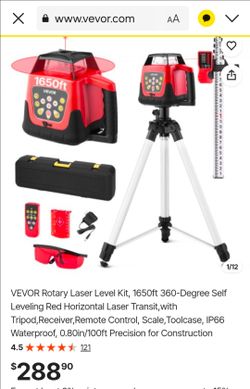 VEVOR Rotary Laser Level Kit, 1650ft 360-Degree Self Leveling Red Horizontal Laser Transit,with Tripod,Receiver,Remote Control, Scale,Toolcase, IP66 W