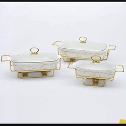 New 3PCS Rectangular Porcelain Casserole Warming Trays for Food, Ceramics Chafers, and Buffet Warmers Sets, Ceramics Chafing Dish Buffet Set, Gold Pla