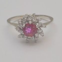 Ruby and diamond ring 14k gold white gold flower ring preowned size 5.25