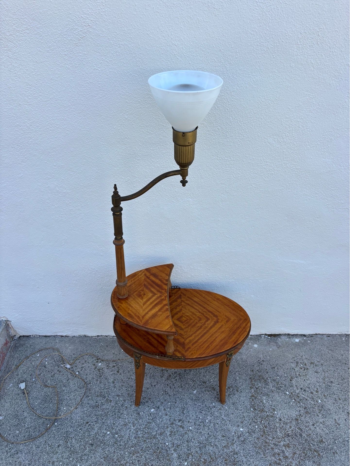 Antique French Louis XVI-style etagere tiered side table featuring a built-in brass floor lamp