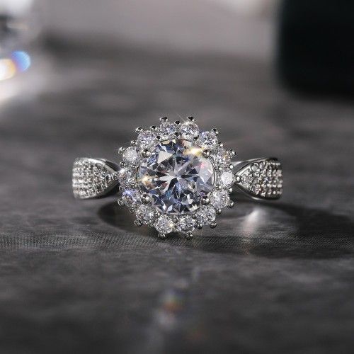 Carved Sun Flower CZ Silver Plated Wedding/Engagement Ring Women, K754