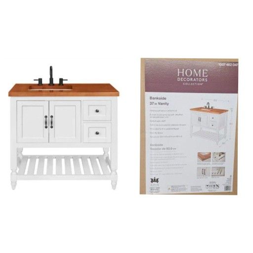 Home Decorators Collection Bankside 37 in. W x 22 in. D x 35.5 in. H Bath Vanity in White with Butcher Block Top