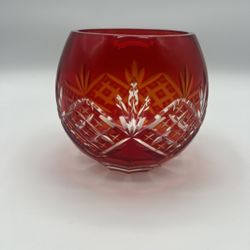 Vintage Bohemian Czech Crystal Bowl Vase Cut To Clear Red