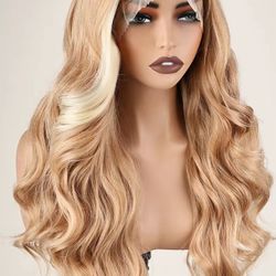 13x6 ready to wear pre-plucked Honey blonde Highlights lace, frontal free parting 26 inch body wave soft curls wig