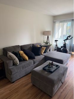 Living Spaces Sectional Sofa + Storage Ottoman – Good Condition