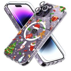 Choiche Magnetic Case for iPhone 14 Pro Case Christmas, Women Clear Glitter Bling Sparkly Case, [3xDiamond Camera Lens Protectors] [2xTempered Glass S