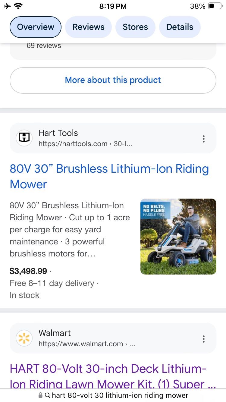 80V 30” Brushless Lithium-Ion Hart Riding Lawnmower H80RM011 Brand New 