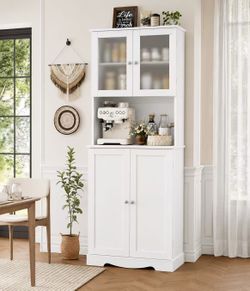 71'' Pantry Cabinet, Tall Storage Cabinet with Microwave Stand, Freestanding Kitchen Hutch with Doors and Adjustable Shelves, Mordern Food Pantry for 