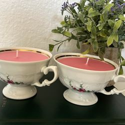 2 NEW Tea Cup Candles Rose Absolute Essential Oils. Handmade by Me.  6oz Each Used Rose Essential Oil For Fragrance. Chic Custom China Tea Set Home De
