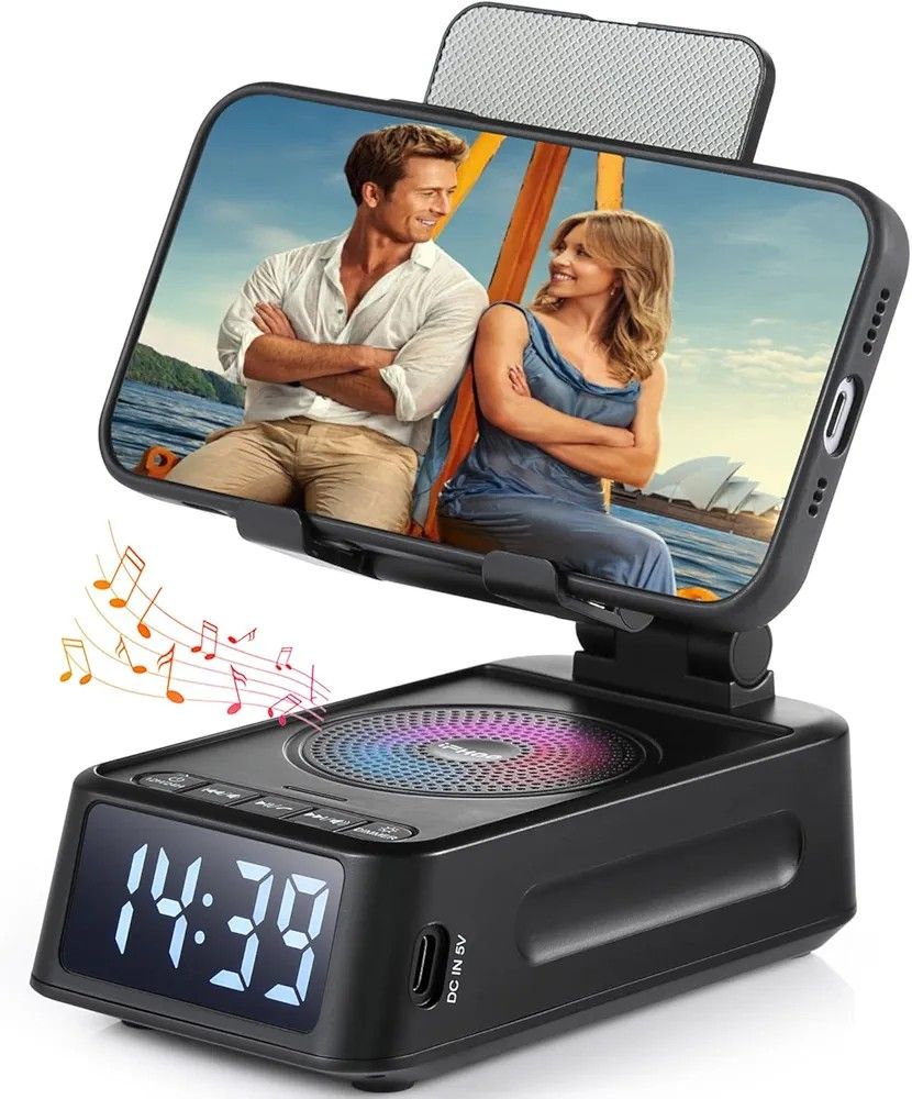 Gifts for Men Women, Phone Stand with Bluetooth Speaker&Clock, Birthday Gifts for Him, Phone Holder with Wireless Speaker, Ideal for Dad Mom Husband B