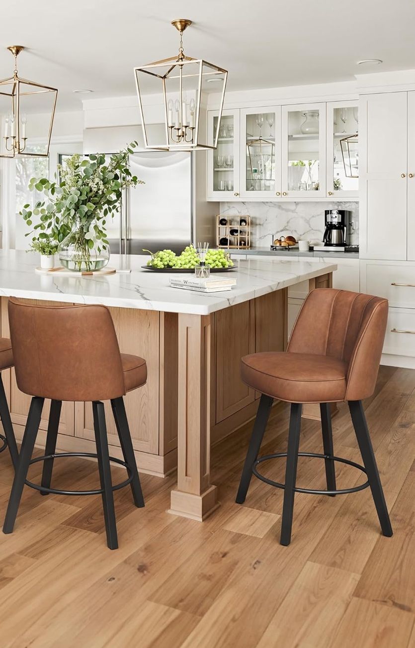 LUE BONA 360-degree Swivel Bar Stools Set of 2, 26" Counter Height Bar Stools with High Back and Wood Legs, Morden Faux Leather Upholstered Barstools 